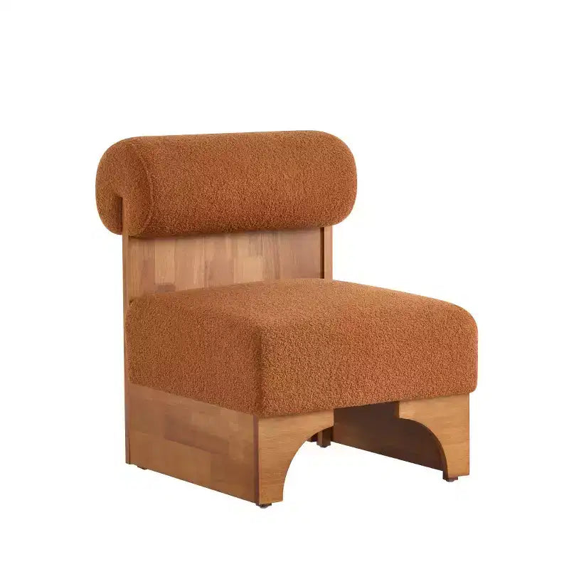 Fauteuil d'appoint moderne en bouclette avec dossier roulé et structure en bois massif pour salon, chambre ou bureau