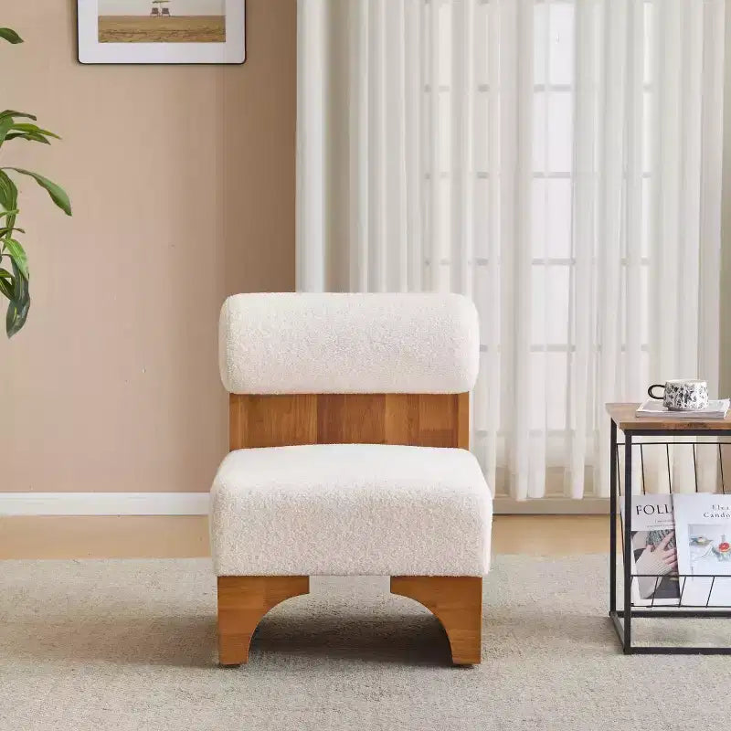 Fauteuil d'appoint moderne en bouclette avec dossier roulé et structure en bois massif pour salon, chambre ou bureau