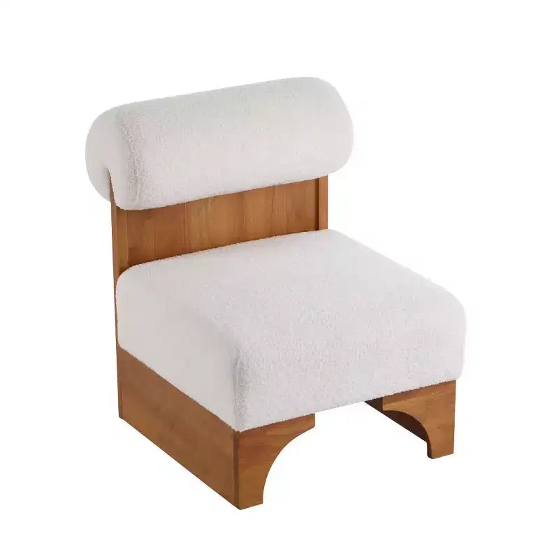 Fauteuil d'appoint moderne en bouclette avec dossier roulé et structure en bois massif pour salon, chambre ou bureau