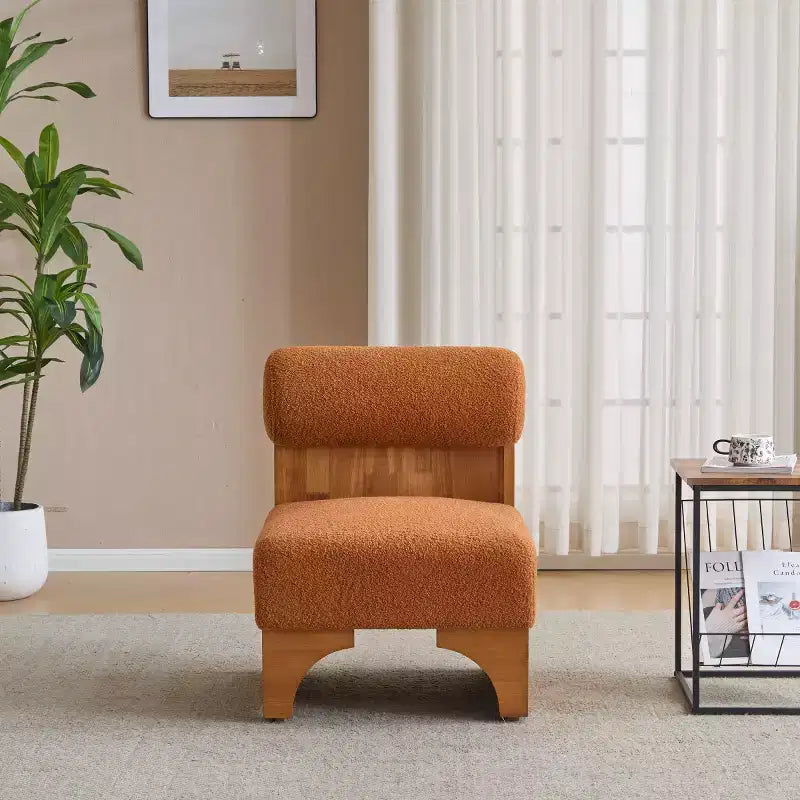 Fauteuil d'appoint moderne en bouclette avec dossier roulé et structure en bois massif pour salon, chambre ou bureau