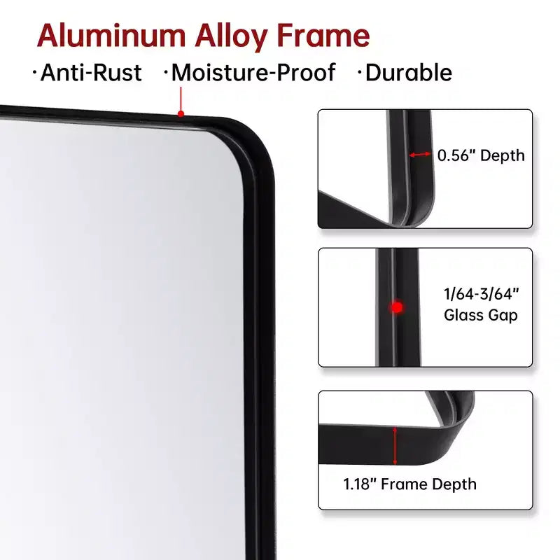 Miroir de salle de bain rectangulaire, 40x36, cadre en aluminium noir, grand miroir de vanité avec verre trempé