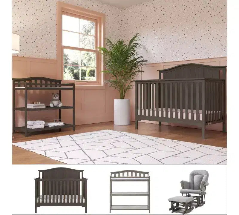 Ensemble de chambre de bébé 3 pièces, comprend un lit de bébé évolutif 4-en-1 et une table à langer