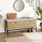 Rattan Storage Bench with Cushion, 2 Drawer Shoe Bench for Entryway, Hallway, or Bedroom in Natural Oak Finish