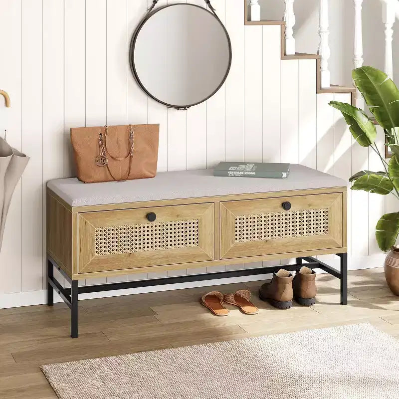 Rattan Storage Bench with Cushion, 2 Drawer Shoe Bench for Entryway, Hallway, or Bedroom in Natural Oak Finish
