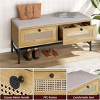Banc de rangement en rotin avec coussin, banc à chaussures à 2 tiroirs pour entrée, couloir ou chambre à coucher, finition chêne naturel