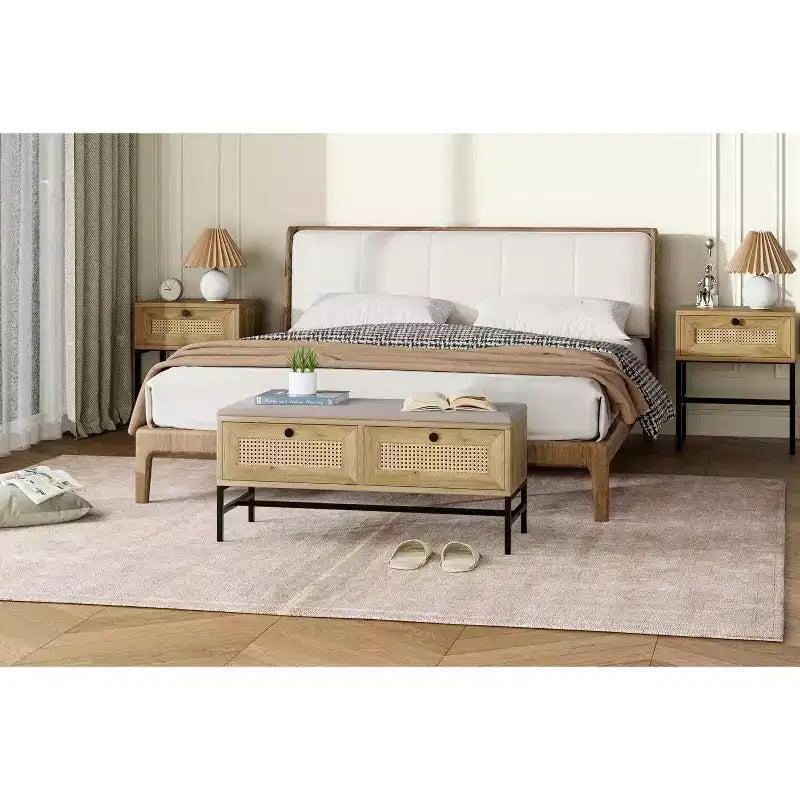 Banc de rangement en rotin avec coussin, banc à chaussures à 2 tiroirs pour entrée, couloir ou chambre à coucher, finition chêne naturel