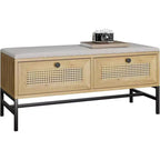 Banc de rangement en rotin avec coussin, banc à chaussures à 2 tiroirs pour entrée, couloir ou chambre à coucher, finition chêne naturel