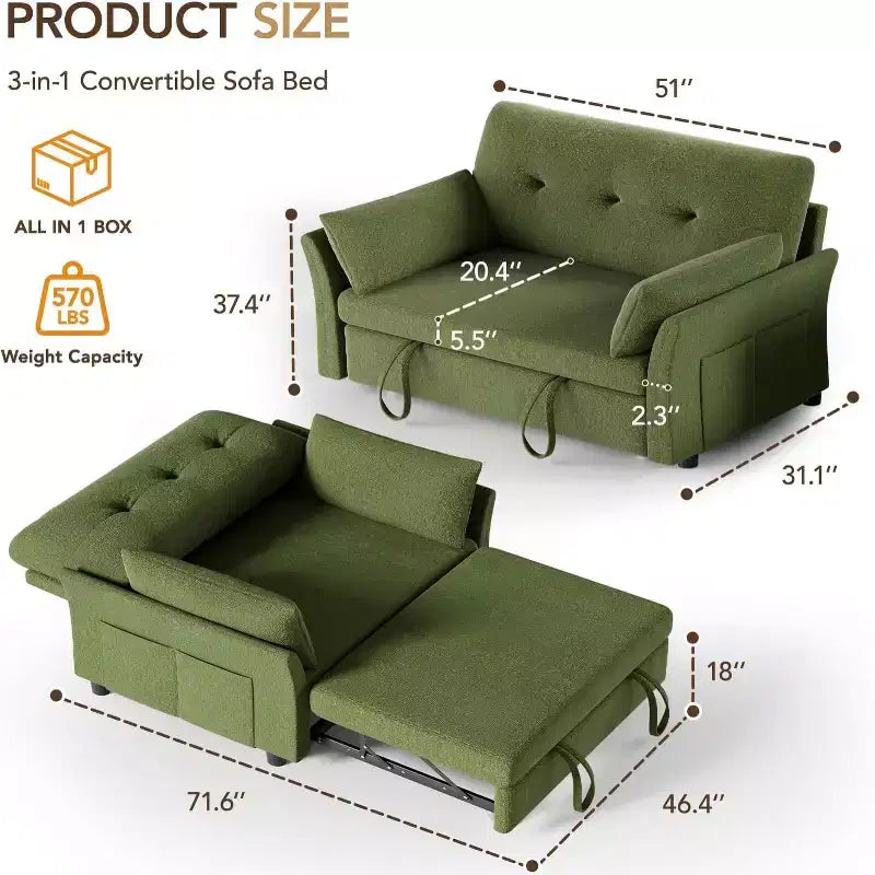 Canapé convertible avec lit gigogne, canapé-lit causeuse convertible 3-en-1 en chenille, dossier inclinable et poche latérale, assemblage sans outils