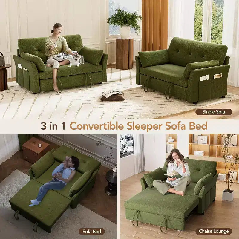 Canapé convertible avec lit gigogne, canapé-lit causeuse convertible 3-en-1 en chenille, dossier inclinable et poche latérale, assemblage sans outils