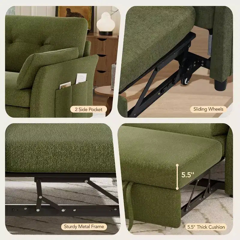Canapé convertible avec lit gigogne, canapé-lit causeuse convertible 3-en-1 en chenille, dossier inclinable et poche latérale, assemblage sans outils