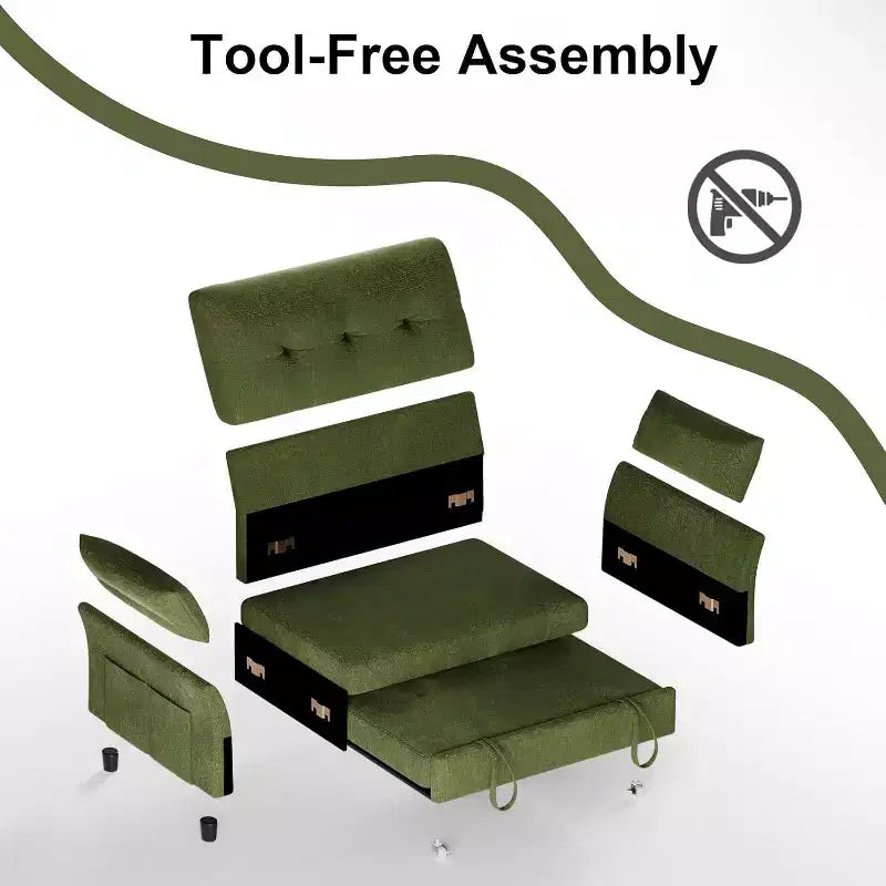 Canapé convertible avec lit gigogne, canapé-lit causeuse convertible 3-en-1 en chenille, dossier inclinable et poche latérale, assemblage sans outils