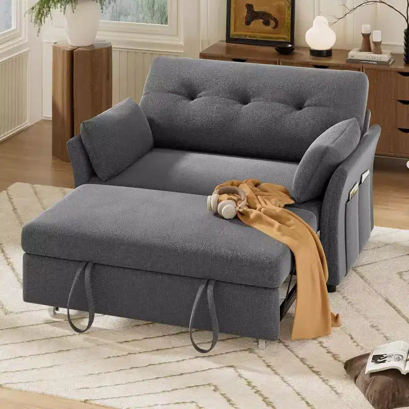 Canapé convertible avec lit gigogne, canapé-lit causeuse convertible 3-en-1 en chenille, dossier inclinable et poche latérale, assemblage sans outils