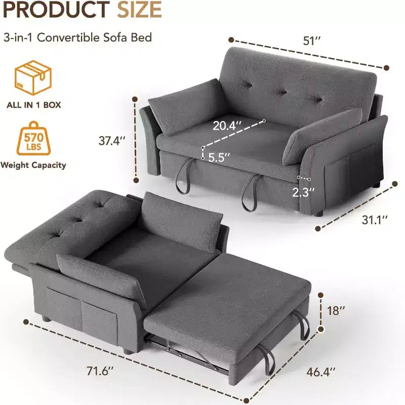 Canapé convertible avec lit gigogne, canapé-lit causeuse convertible 3-en-1 en chenille, dossier inclinable et poche latérale, assemblage sans outils