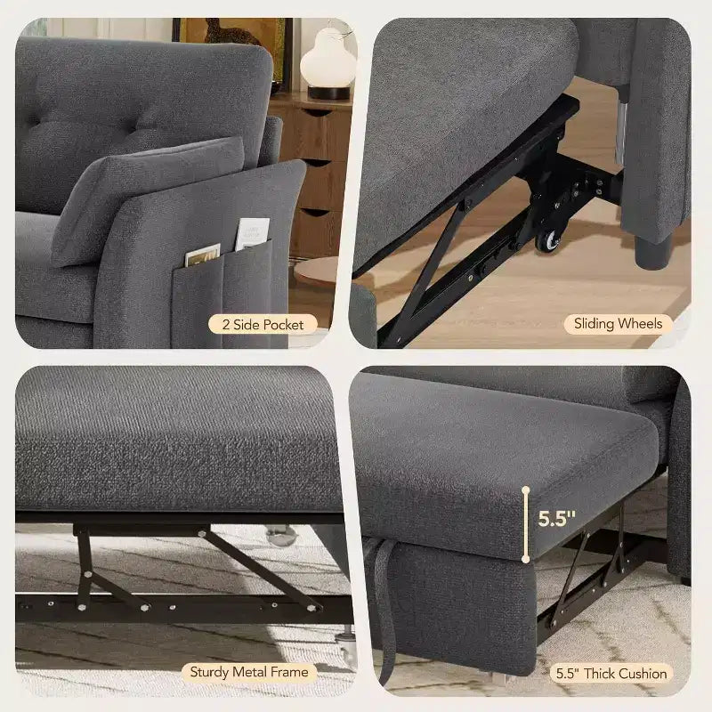 Canapé convertible avec lit gigogne, canapé-lit causeuse convertible 3-en-1 en chenille, dossier inclinable et poche latérale, assemblage sans outils