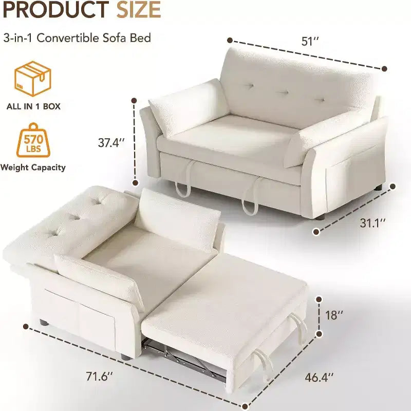 Canapé convertible avec lit gigogne, canapé-lit causeuse convertible 3-en-1 en chenille, dossier inclinable et poche latérale, assemblage sans outils