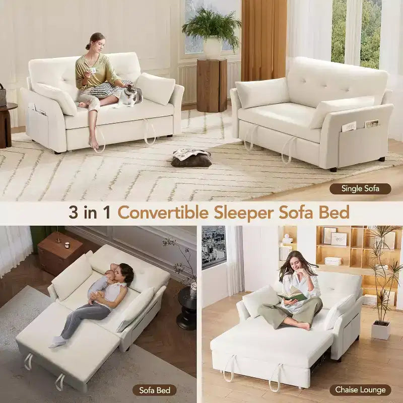 Canapé convertible avec lit gigogne, canapé-lit causeuse convertible 3-en-1 en chenille, dossier inclinable et poche latérale, assemblage sans outils