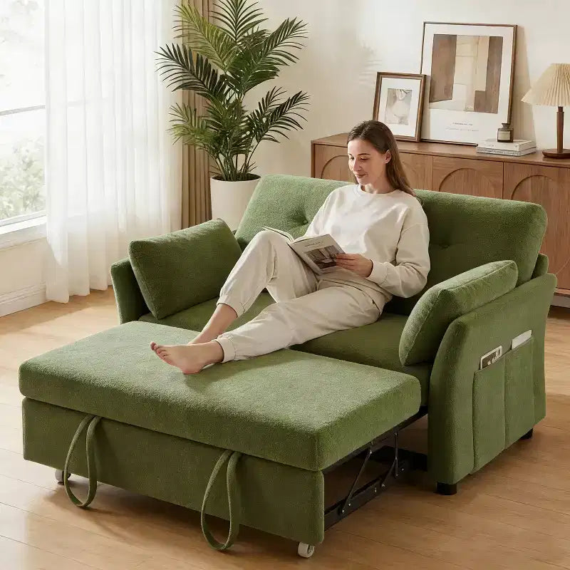 Canapé convertible avec lit gigogne, canapé-lit causeuse convertible 3-en-1 en chenille, dossier inclinable et poche latérale, assemblage sans outils