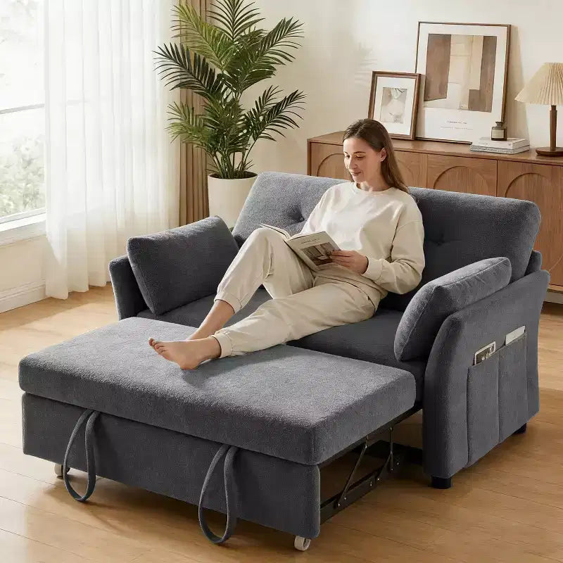 Canapé convertible avec lit gigogne, canapé-lit causeuse convertible 3-en-1 en chenille, dossier inclinable et poche latérale, assemblage sans outils