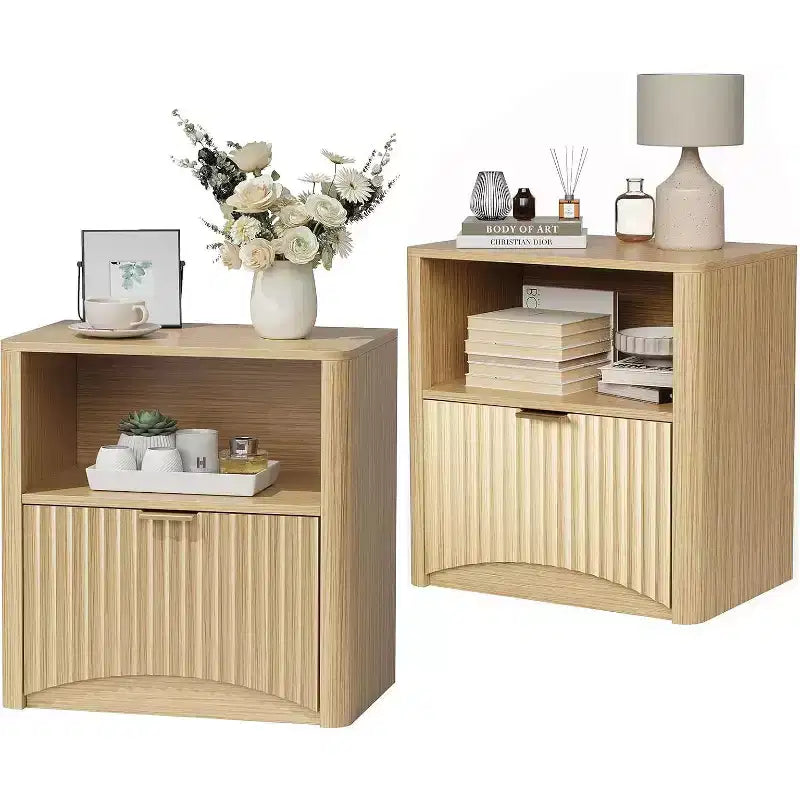 Table de chevet cannelée avec tiroir et espace de rangement ouvert, table de chevet en bois de style Mid-Century Modern