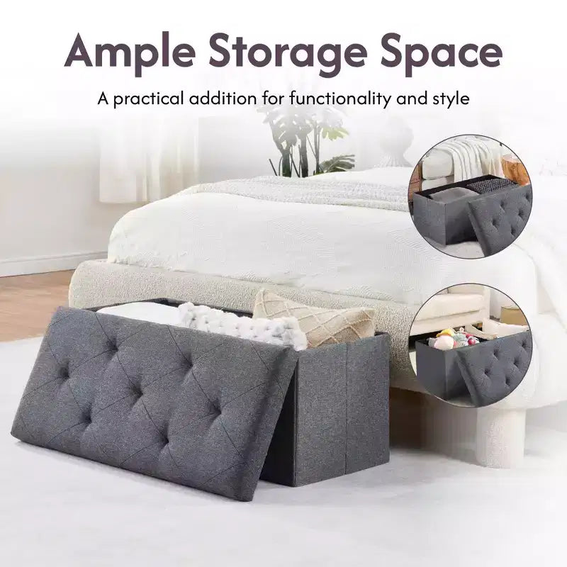 Banc de rangement pliant ottoman, banc en tissu de lin doux pour le rangement et les sièges, banc repose-pieds de 30 pouces pour le salon, capacité de 113 kg