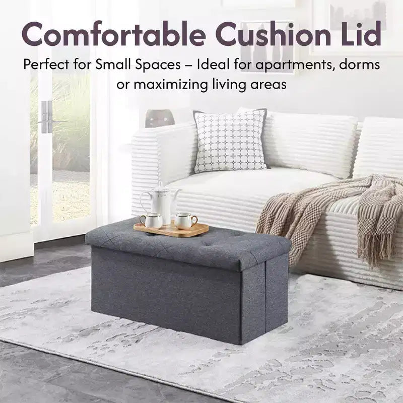 Banc de rangement pliant ottoman, banc en tissu de lin doux pour le rangement et les sièges, banc repose-pieds de 30 pouces pour le salon, capacité de 113 kg