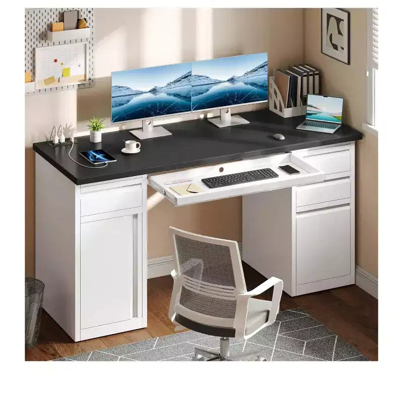 57 Inch Computer Desk With File Cabinet, Keyboard Tray Black & White Steel Office Desk With 5 Drawers, Executive Desk With Power Outlets