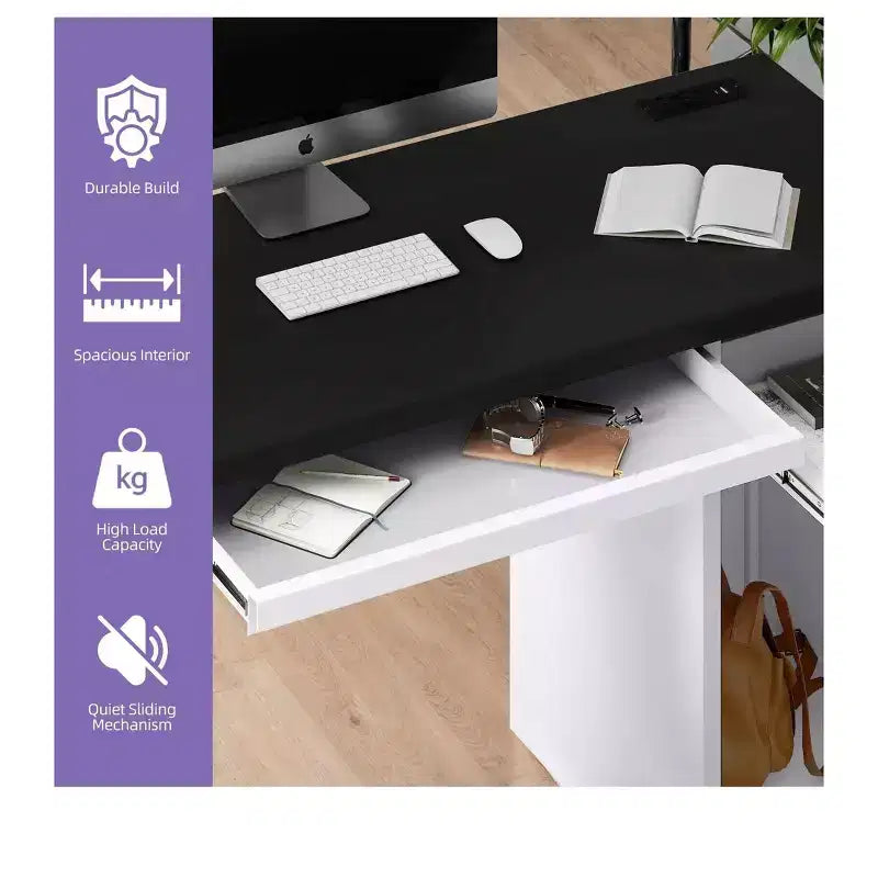 Bureau d'ordinateur de 57 pouces avec classeur, plateau de clavier, bureau d'ordinateur noir et blanc en acier avec 5 tiroirs, bureau de direction avec prises de courant