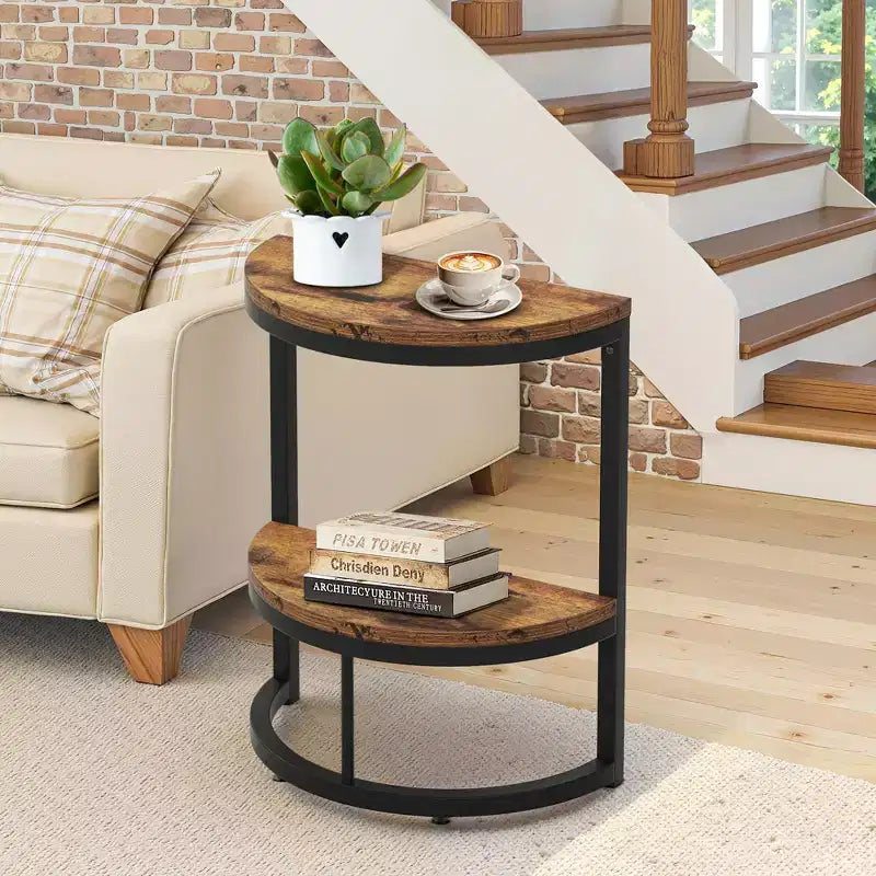 TUYOHW Half-Moon End Table,Minimalist Small Side Table for Couch & Bedside,23.6 Height,Brown+Black
