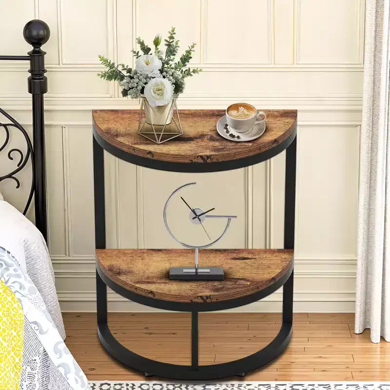 Table d'appoint demi-lune, petite table d'appoint minimaliste pour canapé et chevet, hauteur 60 cm, marron+noir