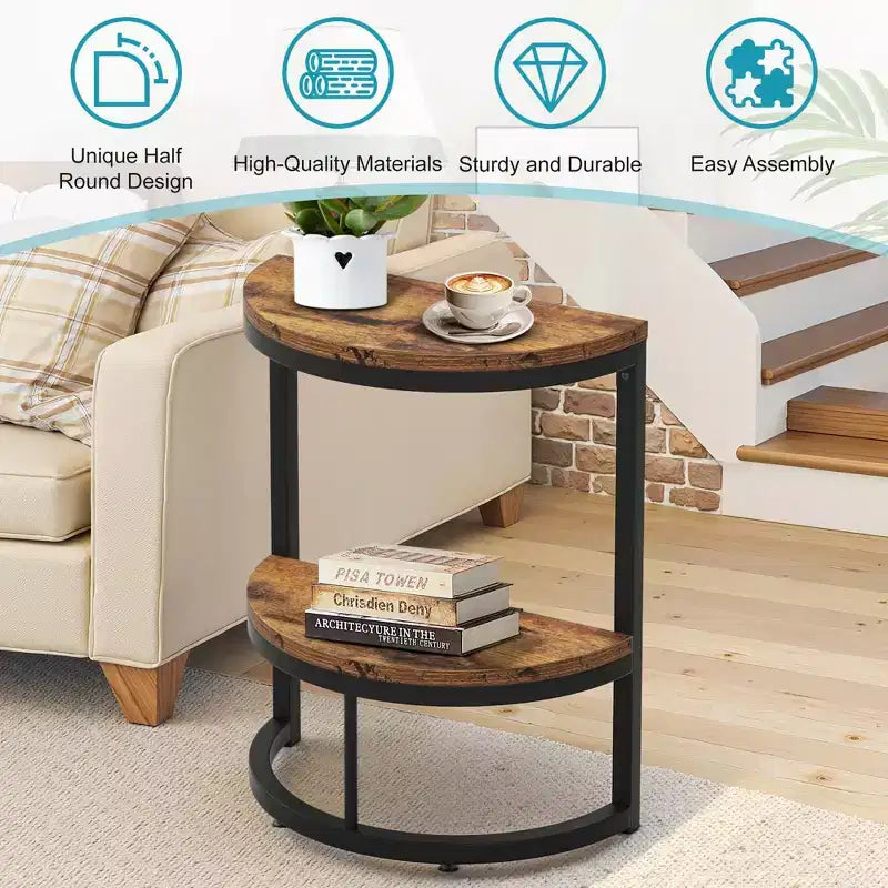 Table d'appoint demi-lune, petite table d'appoint minimaliste pour canapé et chevet, hauteur 60 cm, marron+noir