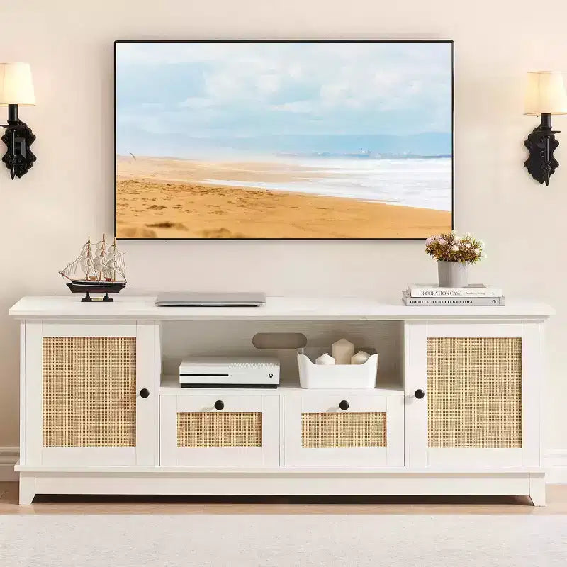 Rattan TV Stand, Modern Entertainment Center for 65/70 in TV, White Media Center with 2 Drawers and 2 Cabinets with Adjustable Shelf, for Living Room