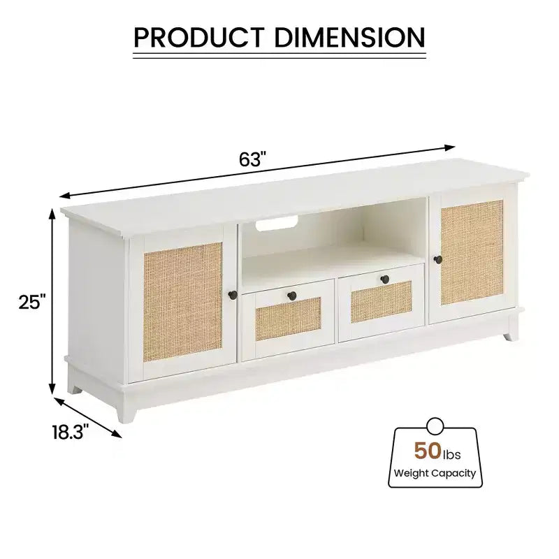 Meuble TV en rotin, meuble de divertissement moderne pour TV 65/70 pouces, meuble média blanc avec 2 tiroirs et 2 placards avec étagère réglable, pour salon
