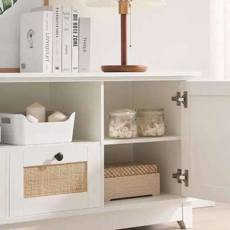 Meuble TV en rotin, meuble de divertissement moderne pour TV 65/70 pouces, meuble média blanc avec 2 tiroirs et 2 placards avec étagère réglable, pour salon