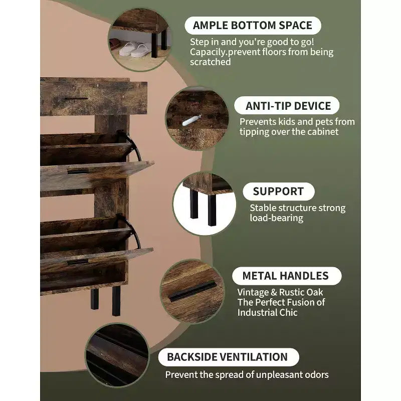 Meuble à chaussures étroit peu encombrant pour entrée, double tiroir pivotant, organisateur de chaussures autoportant, étagères réglables à 3 niveaux, rangement pour vestiaire