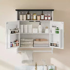 Meuble Haut de Salle de Bain avec Lumière à Détecteur, Armoire à Pharmacie Murale avec Étagères de Rangement et Porte-Serviettes pour Salle de Bain ou Buanderie, Blanc