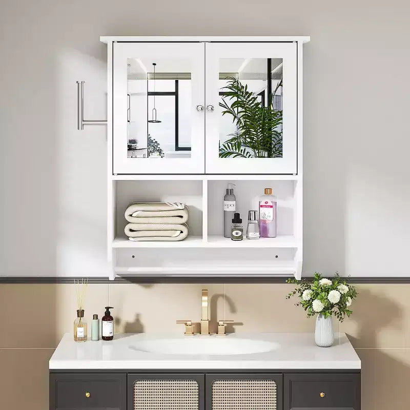 Meuble Haut de Salle de Bain avec Lumière à Détecteur, Armoire à Pharmacie Murale avec Étagères de Rangement et Porte-Serviettes pour Salle de Bain ou Buanderie, Blanc