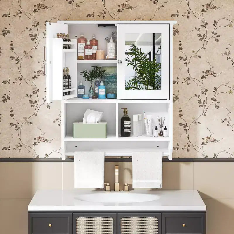 Meuble Haut de Salle de Bain avec Lumière à Détecteur, Armoire à Pharmacie Murale avec Étagères de Rangement et Porte-Serviettes pour Salle de Bain ou Buanderie, Blanc