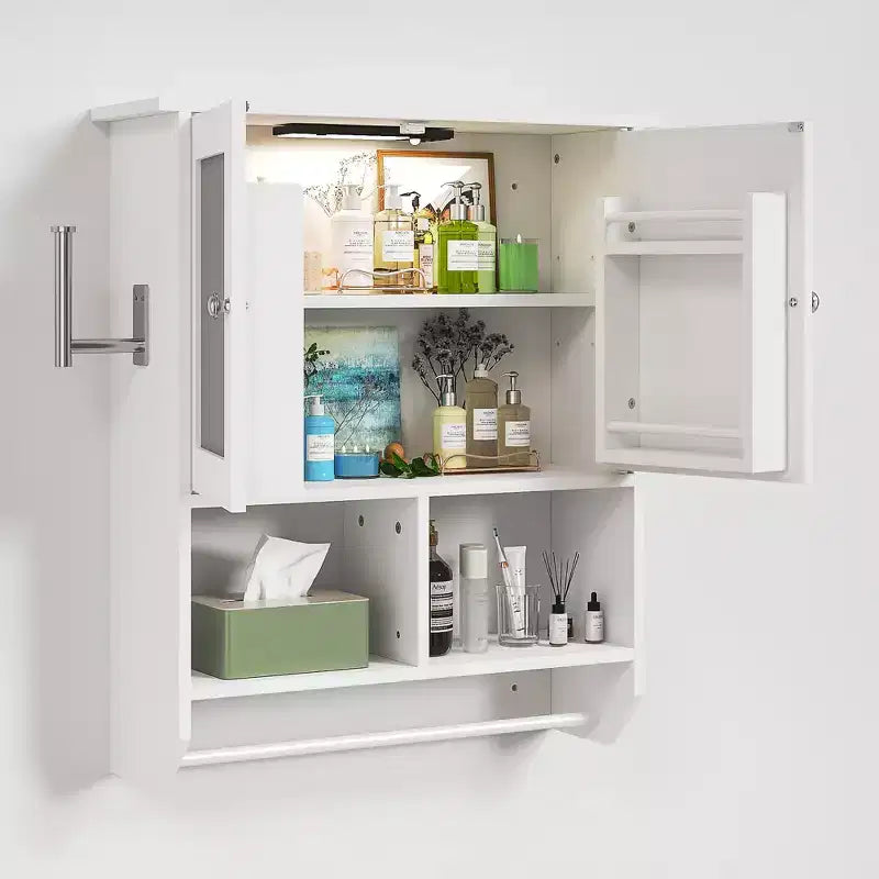 Meuble Haut de Salle de Bain avec Lumière à Détecteur, Armoire à Pharmacie Murale avec Étagères de Rangement et Porte-Serviettes pour Salle de Bain ou Buanderie, Blanc