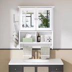 Meuble Haut de Salle de Bain avec Lumière à Détecteur, Armoire à Pharmacie Murale avec Étagères de Rangement et Porte-Serviettes pour Salle de Bain ou Buanderie, Blanc
