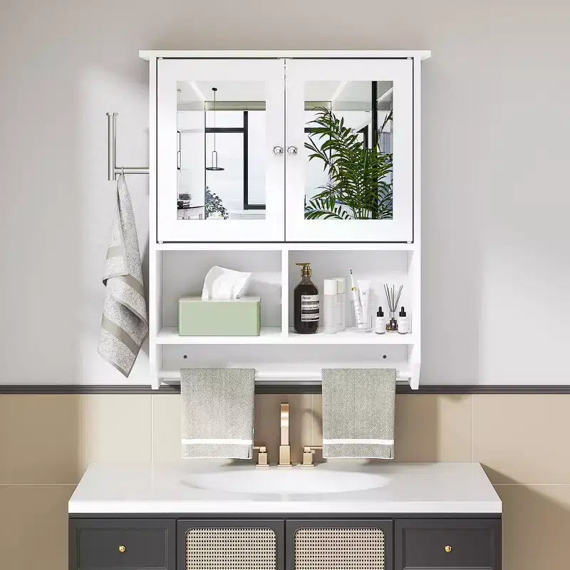 Meuble Haut de Salle de Bain avec Lumière à Détecteur, Armoire à Pharmacie Murale avec Étagères de Rangement et Porte-Serviettes pour Salle de Bain ou Buanderie, Blanc