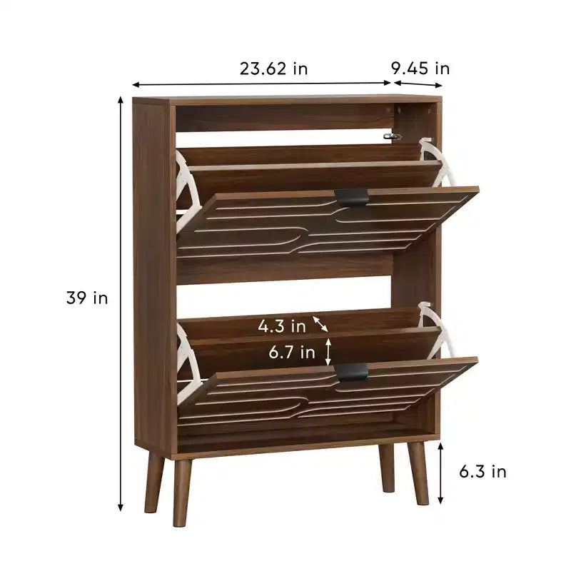 Meuble à chaussures autoportant de 23,62 pouces de style moderne du milieu du siècle, avec balustrade et 2 tiroirs à abattant, idéal pour les couloirs et les entrées, Noyer