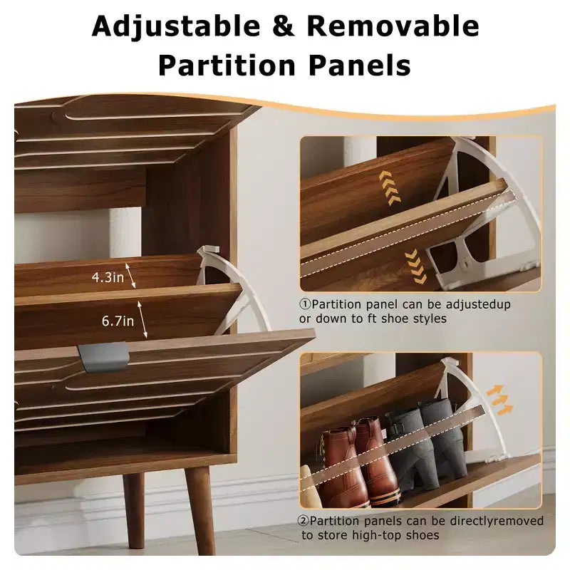 Meuble à chaussures autoportant de 23,62 pouces de style moderne du milieu du siècle, avec balustrade et 2 tiroirs à abattant, idéal pour les couloirs et les entrées, Noyer