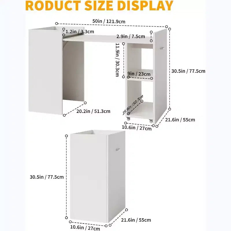 Bureau d'ordinateur pliant de 50 pouces avec étagère et roulettes, Table d'écriture de bureau à domicile avec rangement pour chambre ou bureau d'étude