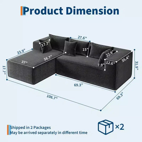 106.7Canapé sectionnel, Canapés modulables Cloud avec méridienne, Canapés sectionnels en polyester en forme de L, Canapé moderne rembourré avec assise profonde