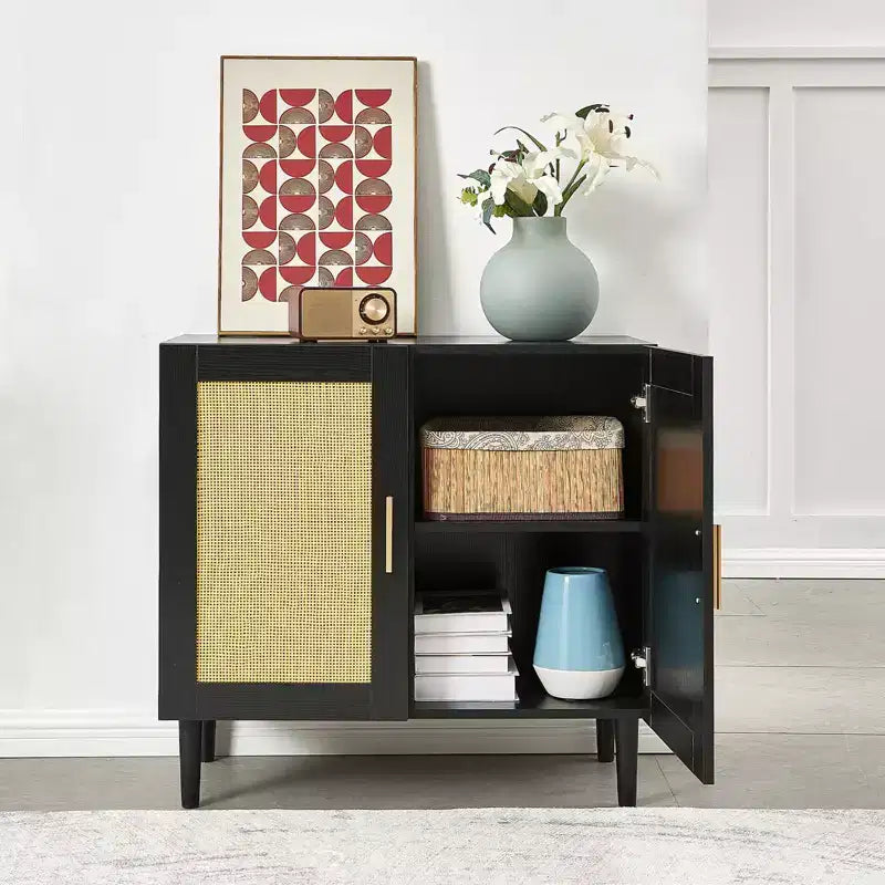 JVNOXK Buffet avec portes en rotin naturel et étagères réglables Meuble de rangement en rotin pour chambres et salons Noir