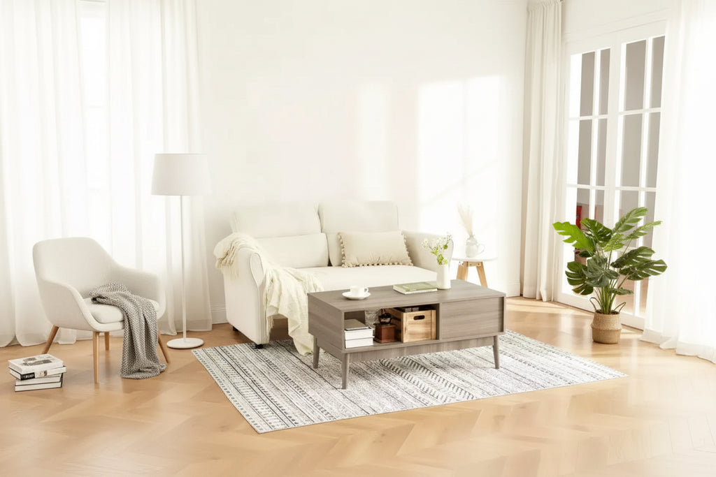 Table basse, table centrale de 100 cm avec tiroir de rangement, étagère ouverte, table basse rectangulaire avec pieds en bois pour salon, assemblage facile