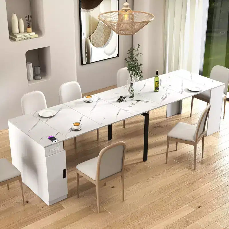 Table à manger extensible pour 6 à 8 personnes avec rangement, Console en bois avec prise électrique, Table dépliante peu encombrante pour salon, fête