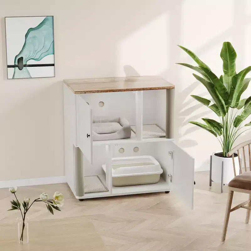 Meuble de litière double pour chat en bois moderne avec poteaux à griffer et rangement caché, table d'appoint intérieure pour 2 chats