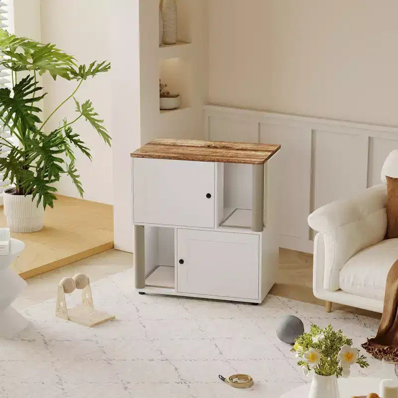 Meuble de litière double pour chat en bois moderne avec poteaux à griffer et rangement caché, table d'appoint intérieure pour 2 chats