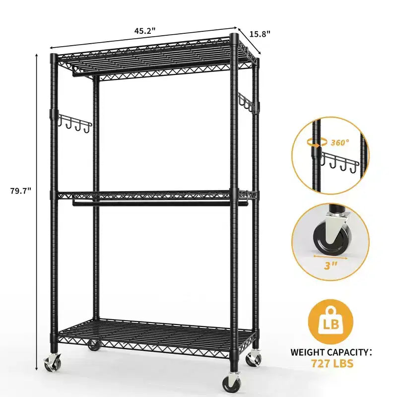 Portant à vêtements roulant à 3 niveaux – Organisateur de vêtements en métal robuste avec double tringle et étagères